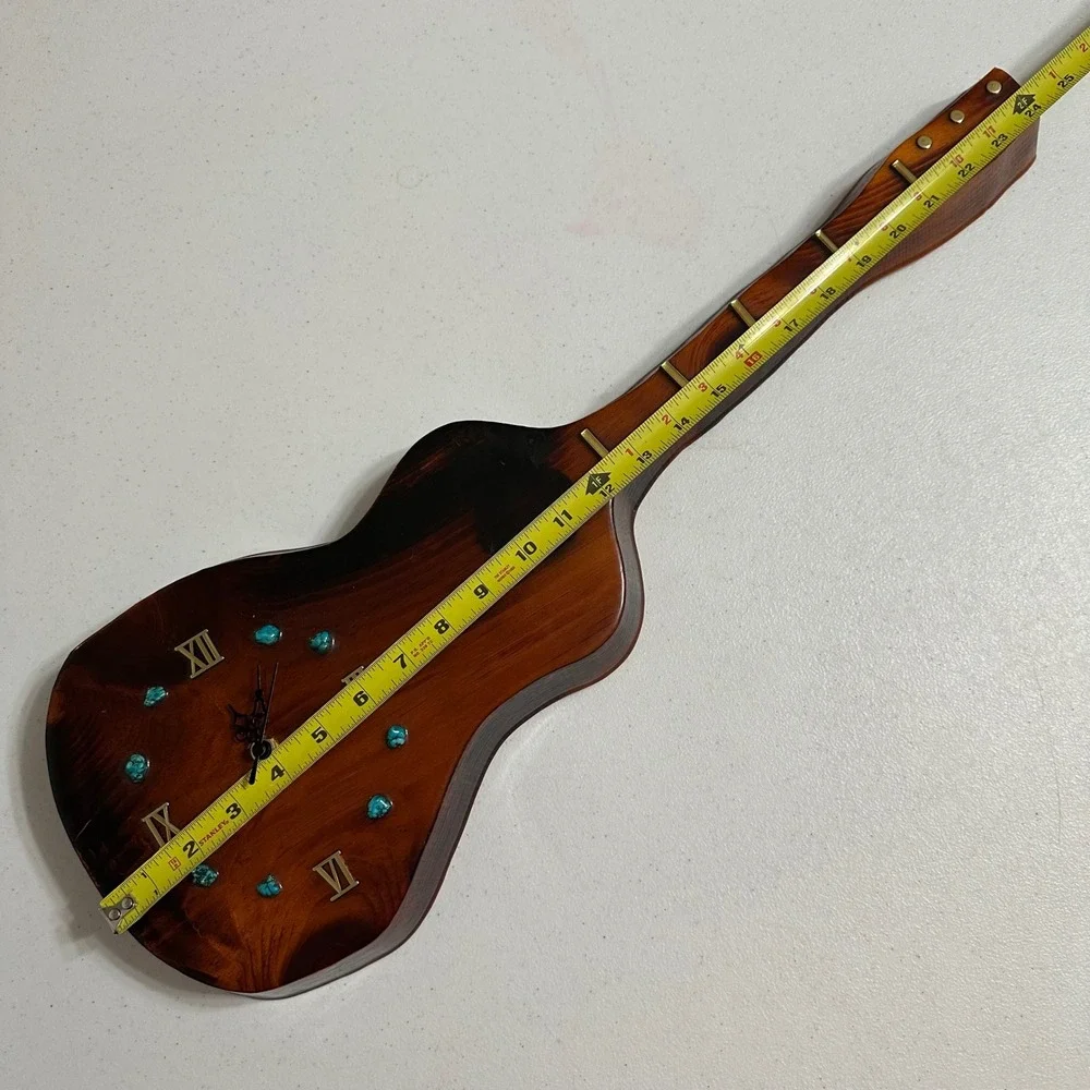 Handcrafted Guitar Turquoise Inlay Wood Wall Clock Western Rustic Decor Vintage